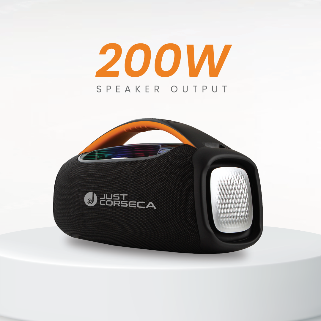 JUST CORSECA SUPERBOOM 200W Bluetooth Portable Speaker | Wireless Microphone | 15,000mAh Battery | 10H Playtime | TWS, USB, TF, Aux Connectivity | 6.5mm Wired Mic Port