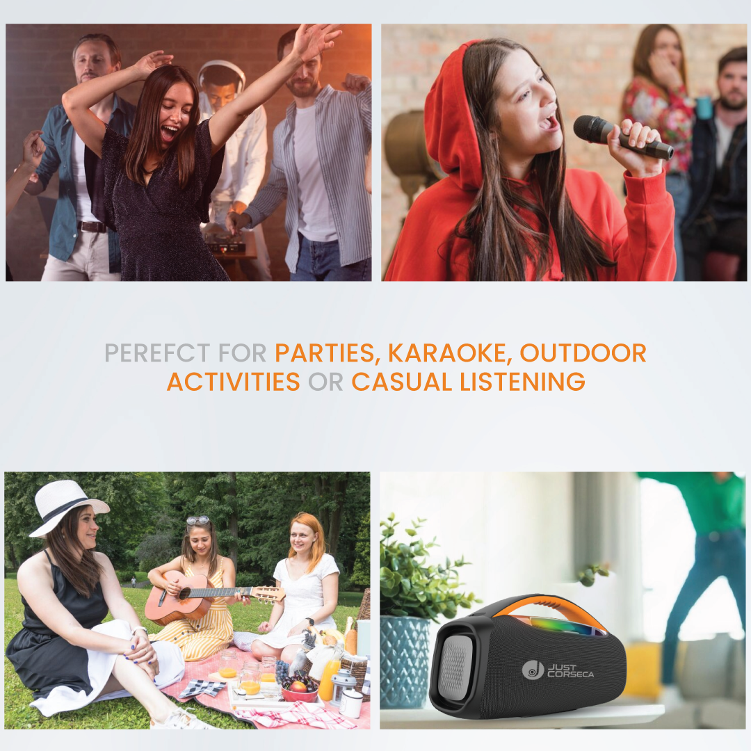 JUST CORSECA SUPERBOOM 200W Bluetooth Portable Speaker | Wireless Microphone | 15,000mAh Battery | 10H Playtime | TWS, USB, TF, Aux Connectivity | 6.5mm Wired Mic Port