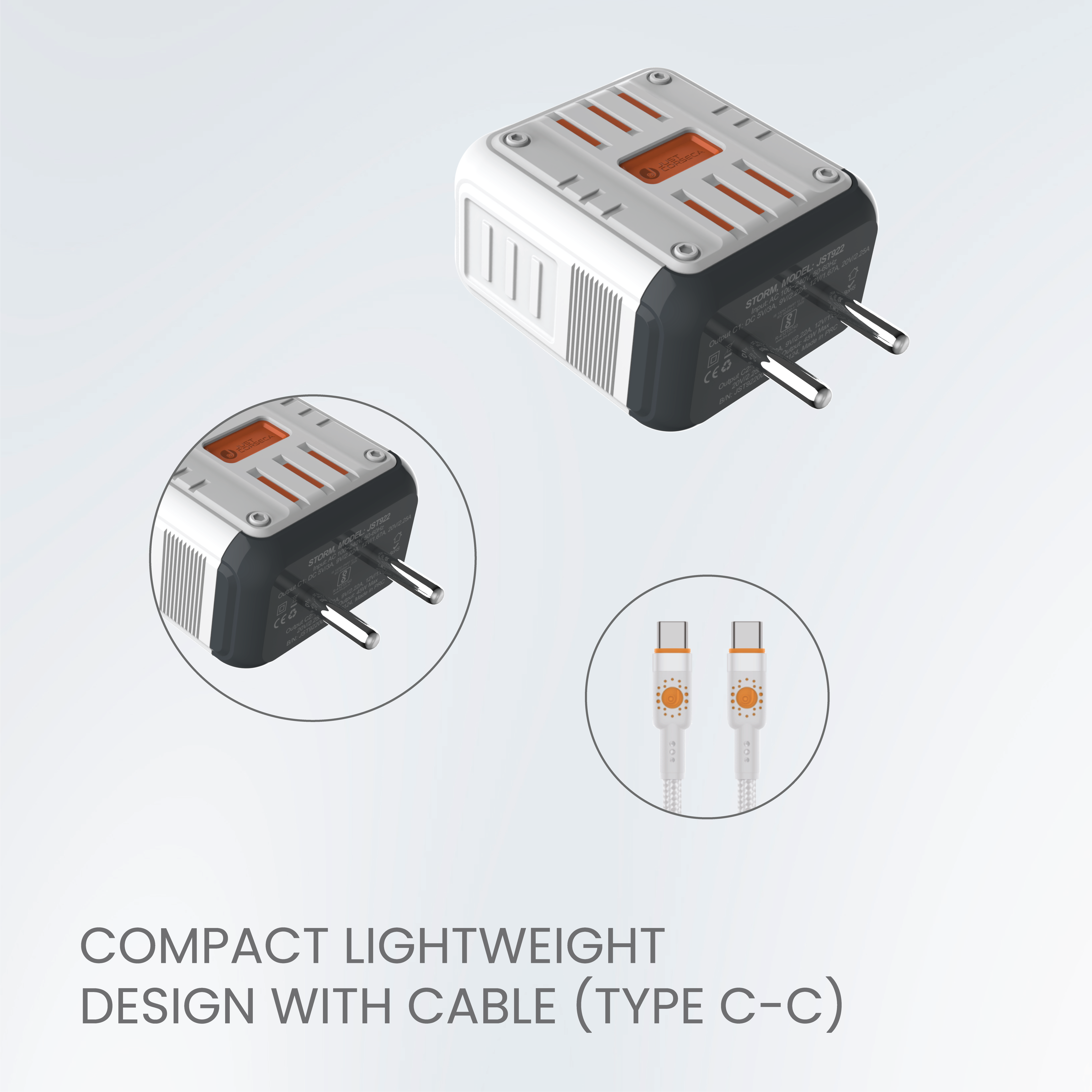 JUST CORSECA STORM JST922 PD45W Travel Charger | Dual USB Type-C Ports | Fast Charging for Smartphones & Laptops | 45W Max Output | Overheat, Short Circuit, Overcharge Protection | Global Compatibility (AC 100-240V Input)