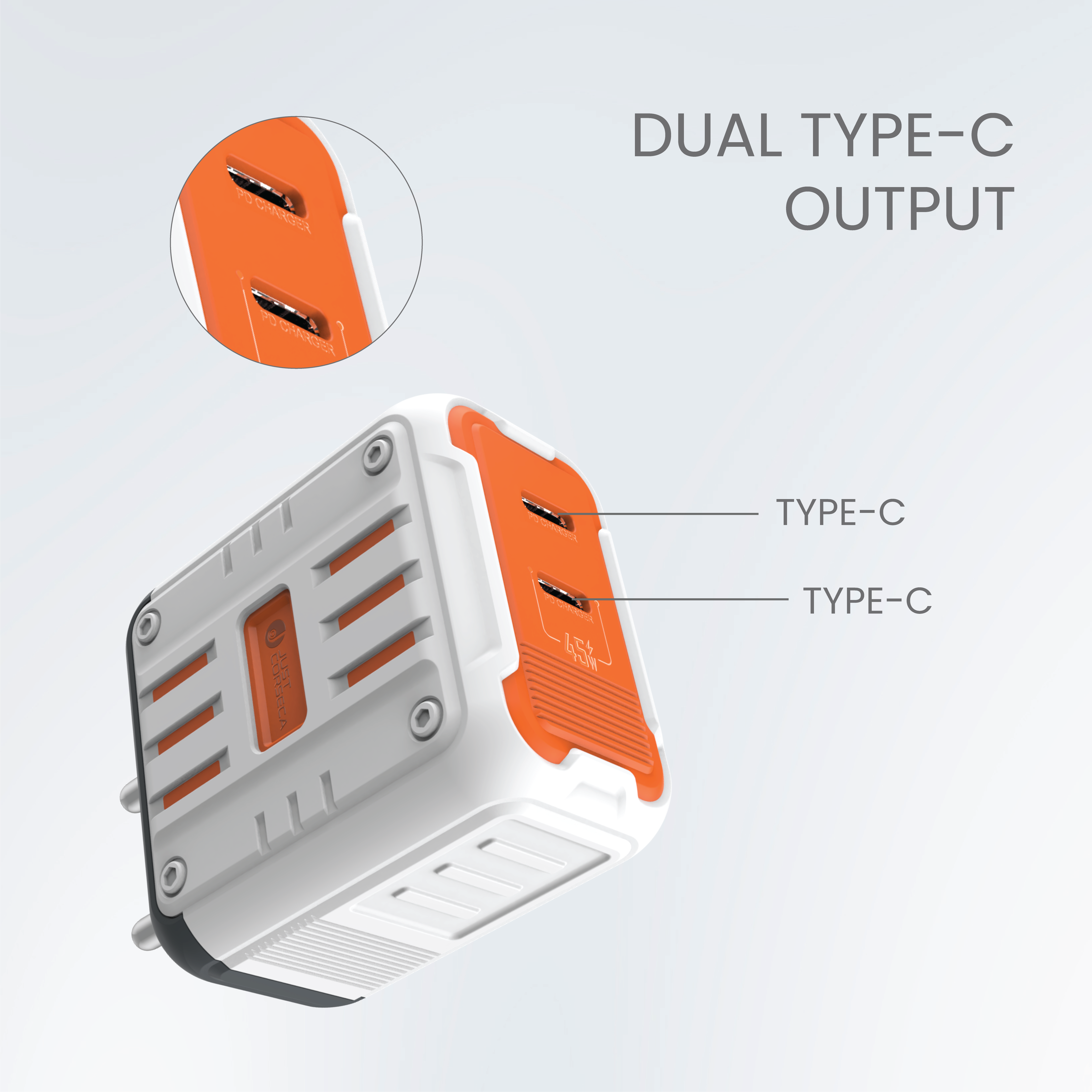 JUST CORSECA STORM JST922 PD45W Travel Charger | Dual USB Type-C Ports | Fast Charging for Smartphones & Laptops | 45W Max Output | Overheat, Short Circuit, Overcharge Protection | Global Compatibility (AC 100-240V Input)